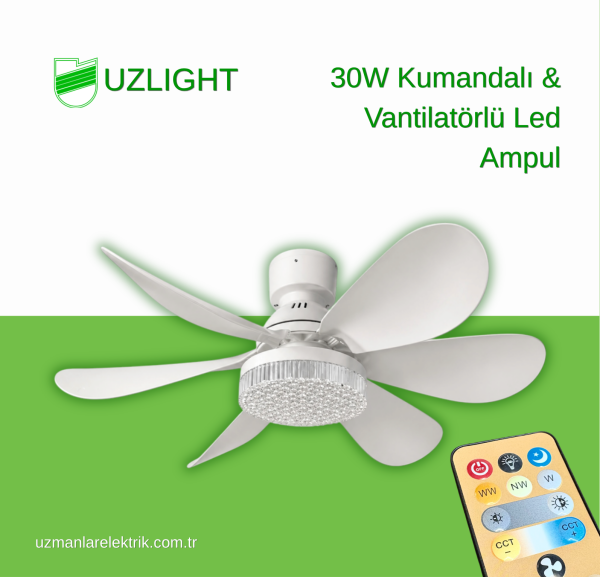 30W Kumandalı 6 Pervaneli Fan Ampul E27 Duylu
