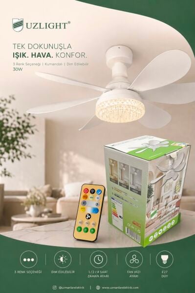 30W Kumandalı 6 Pervaneli Fan Ampul E27 Duylu