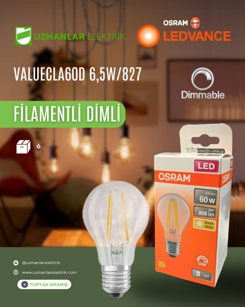 VALUECLA60D 6,5W/827 FİLAMENTLİ DİMLİ DEKORATİF LED AMPUL