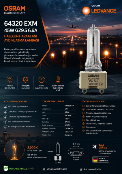 OSRAM 64320 EXM 45W GZ9.5 6.6A Halojen Havaalanı Aydınlatma Lambası